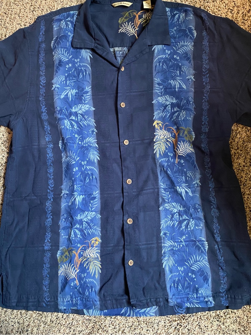 Tommy Bahama Blue Tropical Print Embroidered Hawaiian Button-Down Shirt